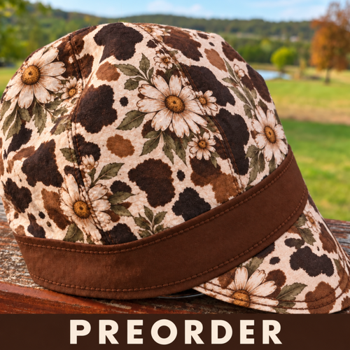 Blue wildflower reversible welding cap with black band, handmade women's 8 panel floral welding hat