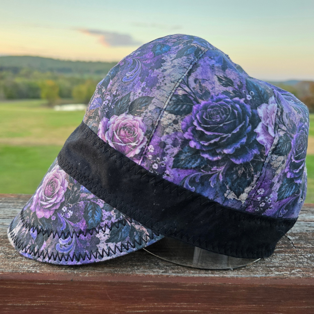 Reversible welding cap solid black inside, purple rose handmade welding hat