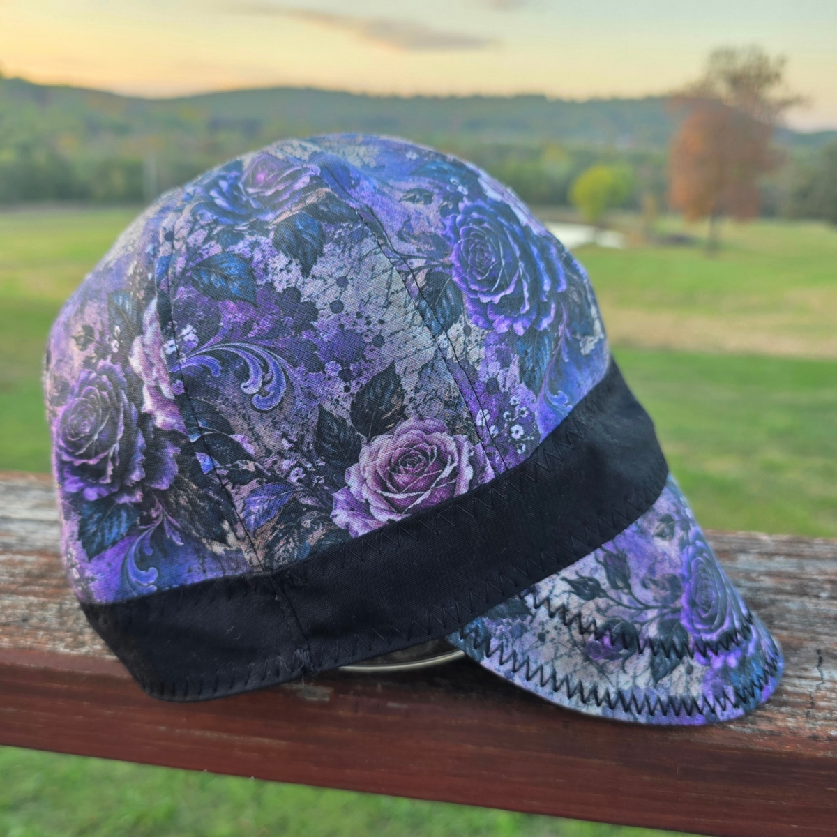 Purple rose reversible welding cap, handmade women's 8 panel welding hat