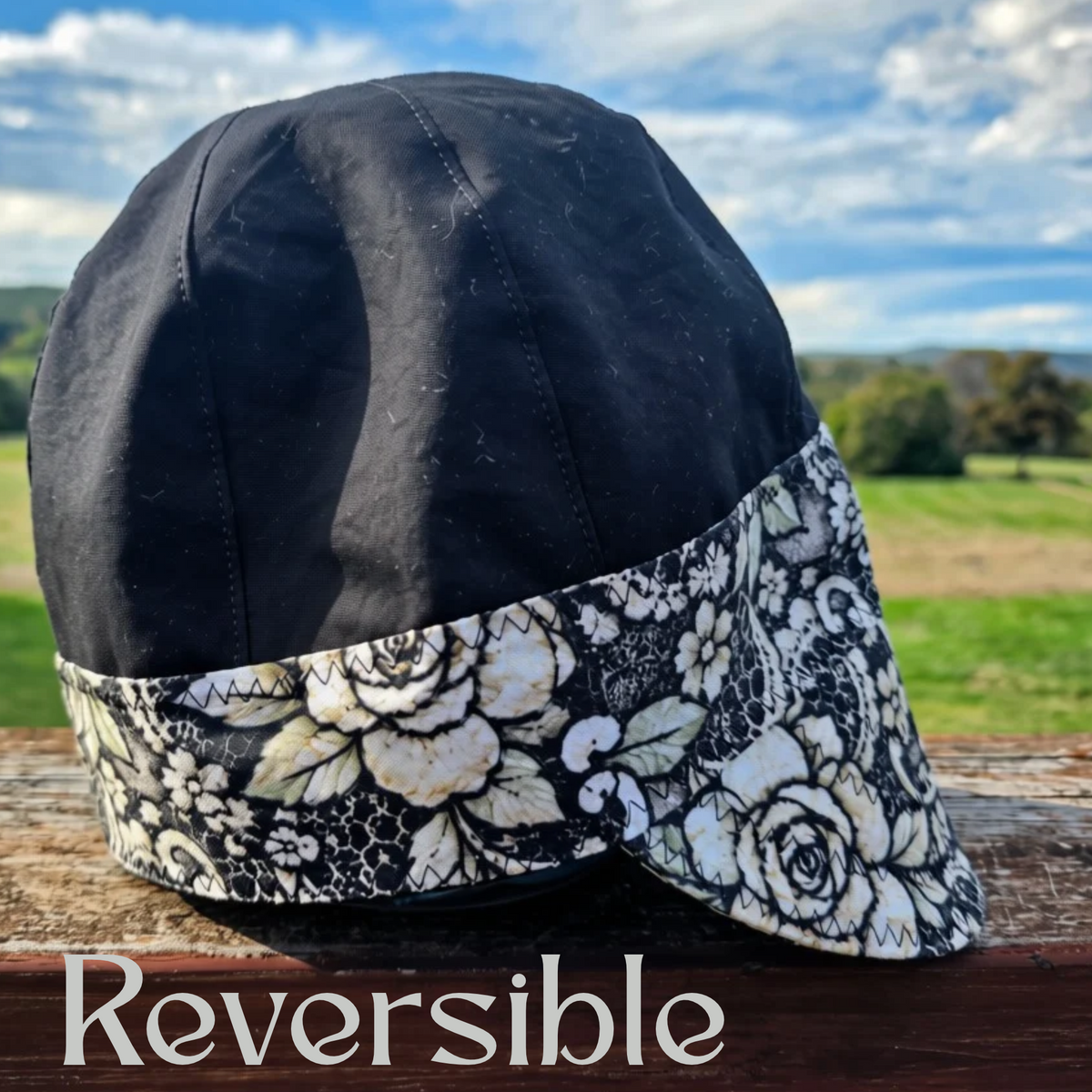 Women's 8-panel welding cap with black band and floral lace bill