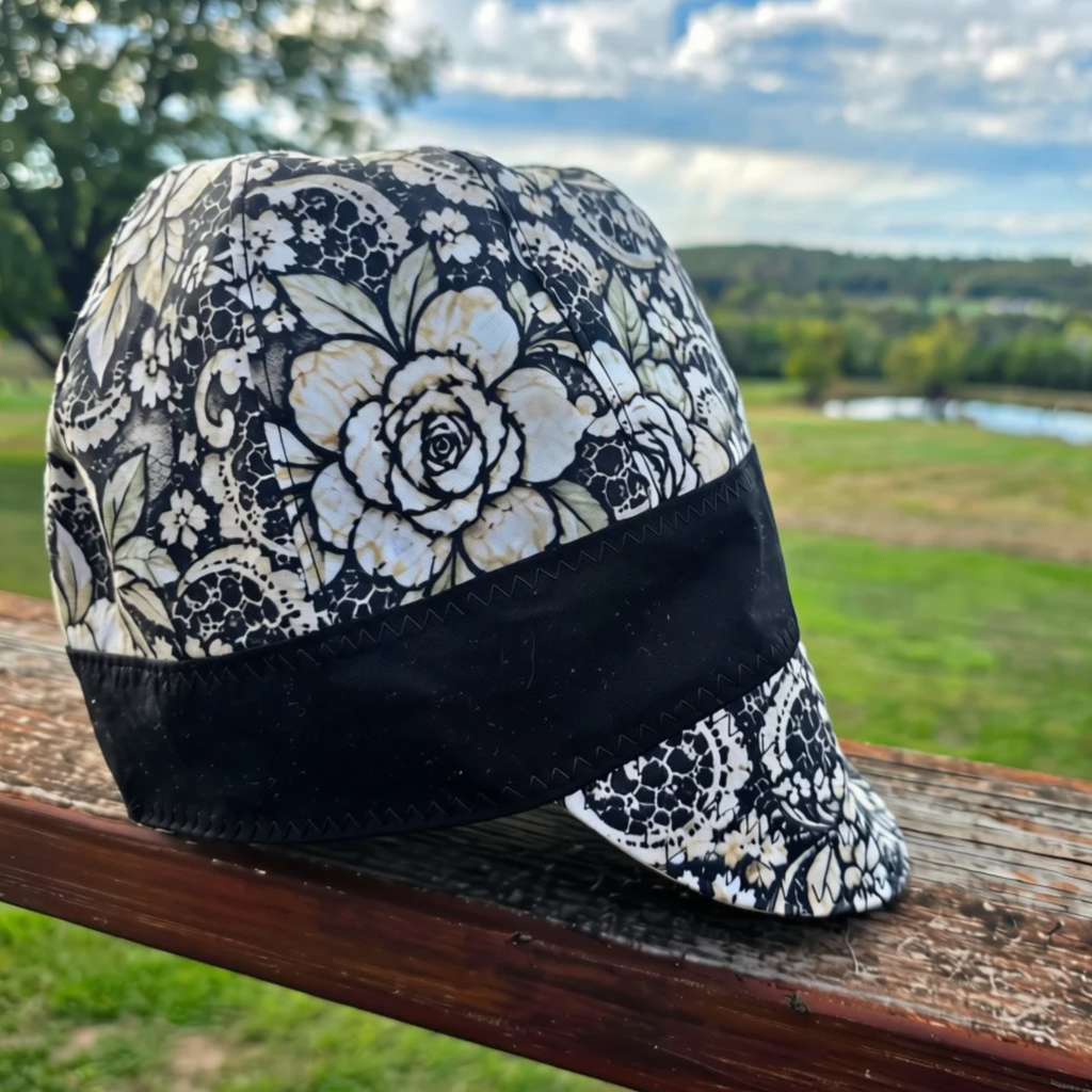 Handmade floral lace welding cap in black and cream rose print by Blue Collar Trash