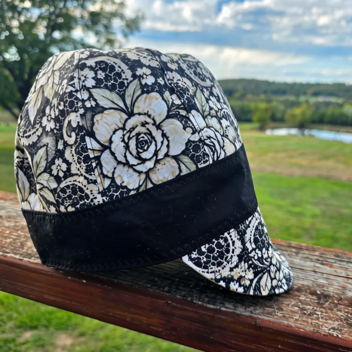 Handmade floral lace welding cap in black and cream rose print by Blue Collar Trash
